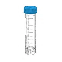 Kémcső, 50 ml, 30 x 115 mm, kónuszos, álló, nyomott osztással, csavaros kupakkal, írható