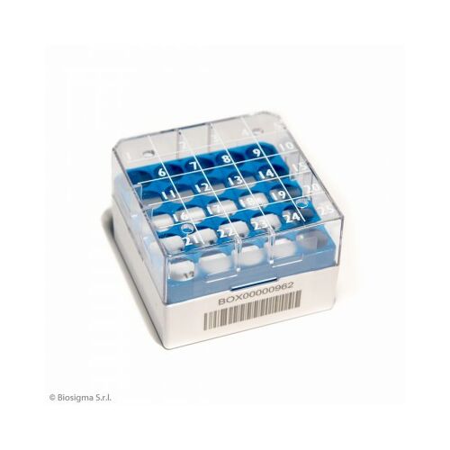 Fagyasztócső (CRYO) tároló doboz, 5x5db/1-2ml, 76x76x52mm, 1D kóddal, kék