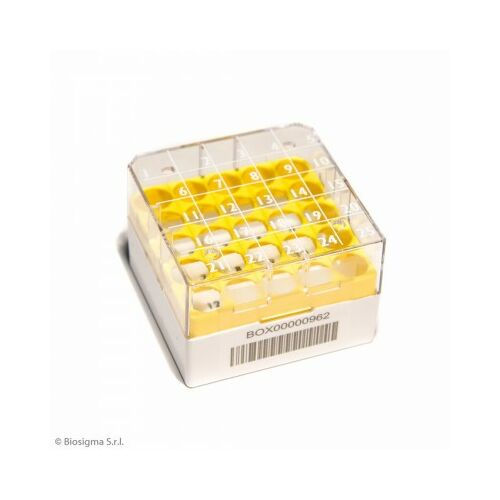 Fagyasztócső (CRYO) tároló doboz, 5x5db/1-2ml, 76x76x52mm, 1D kóddal, sárga