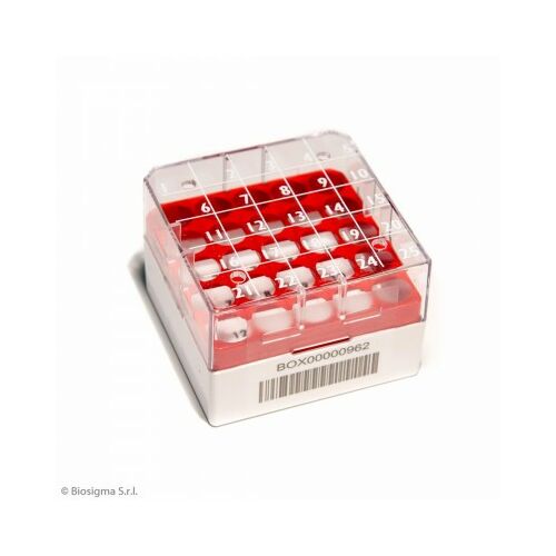 Fagyasztócső (CRYO) tároló doboz, 5x5db/1-2ml, 76x76x52mm, 1D kóddal, piros