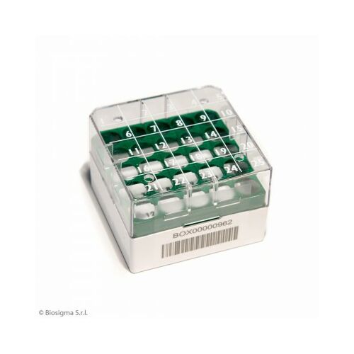 Fagyasztócső (CRYO) tároló doboz, 5x5db/1-2ml, 76x76x52mm, 1D kóddal, zöld